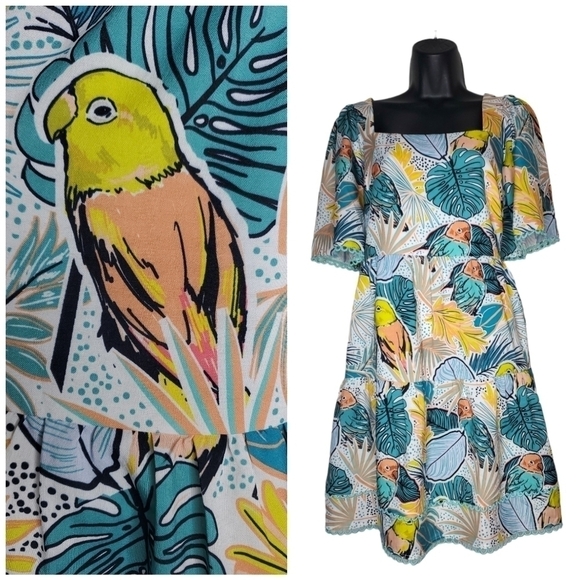 JADE  Bird of Paradise Puff Sleeve Tiered Dress Size S - Picture 1 of 10